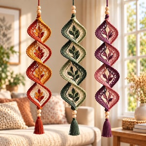 May include: Three hanging spiral ornaments made of crocheted yarn. Each piece features a repeating diamond pattern with leaf motifs in the center. The colors are orange and yellow, green, and purple and pink. Each has wooden beads and a tassel.