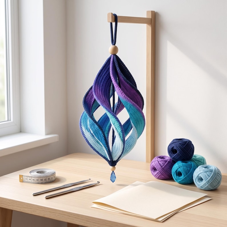 May include: A hanging crochet ornament featuring a twisted, spiraling design in a gradient of dark blue, purple, and light blue yarn. The ornament is suspended from a wooden stand and accented with two light wood beads and a blue crystal pendant.