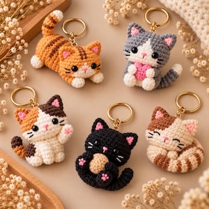 Op de afbeelding: Vijf gehaakte katten-sleutelhangers met goudkleurige ringen. Een oranje cyperse kat, een grijs-witte kat met een roze hartje, een lapjeskat, een zwarte kat met een beige balletje en een bruin-witte kat. Elke kat heeft zwarte oogjes.