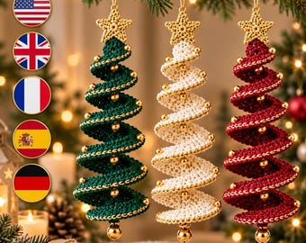 May include: Three spiral-shaped Christmas tree ornaments made of crocheted yarn in dark green, cream, and deep red. Each ornament features a gold crocheted star at the top, small gold beads along the spiral edges, and a gold bead at the base.