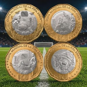May include: Four bimetallic $20 coins featuring gold-colored outer rings and silver-colored centers. Each coin displays the text COPA MUNDIAL DE LA FIFA 2026, a FIFA logo, and unique relief designs including a jaguar, soccer ball, athlete, and cultural figures.