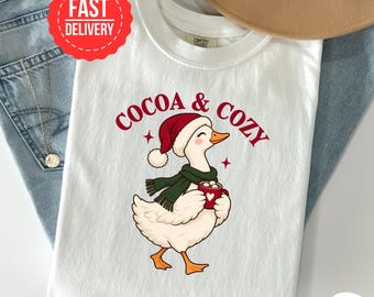 Christmas Goose Shirt, Cocoa and Cozy T Shirt, Cute Santa Hat Goose Graphic Tee, Hot Chocolate Lover Gift, Winter Holiday Shirt