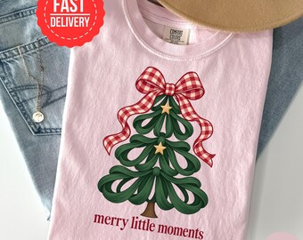 Christmas Tree Shirt, Gingham Bow T Shirt, Merry Little Moments Graphic Tee, Coquette Christmas Shirt, Festive Holiday Gift