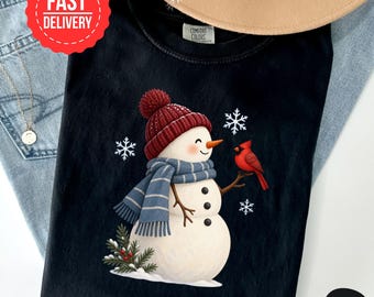 Snowman Christmas Shirt, Red Cardinal Bird T Shirt, Cute Winter Graphic Tee, Snowflake Holiday Shirt, Christmas Gift