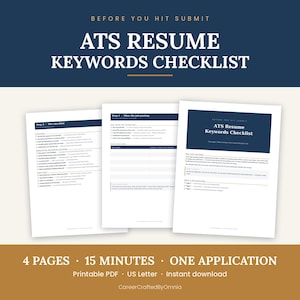 Könnte beinhalten: Eine vierseitige ATS Resume Keywords Checklist im druckbaren PDF-Format. Das Dokument verfügt über eine dunkelblaue Kopfzeile mit weißem Text und enthält strukturierte Abschnitte zur Analyse von Stellenanzeigen und Checklisten.