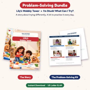 May include: A Problem-Solving Bundle featuring the book Lily's Wobbly Tower and an I'm Stuck! problem-solving kit. The book cover shows two children and a puppy playing with colourful blocks. The kit includes cards with instructions for building and drawing.