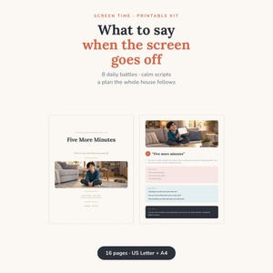 以下が含まれることがあります： 「Screen Time Printable Kit: What to say when the screen goes off」というタイトルの印刷可能なキット。8つの日常的なバトルと落ち着いたスクリプトが含まれています。テキスト、タブレットを使用する子供の写真、A4サイズの16ページで構成されています。