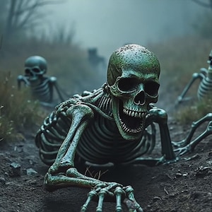 Puede incluir: Tres esqueletos en un entorno de bosque brumoso. Los esqueletos están en posición de arrastre con sus huesos visibles. La escena es espeluznante y fantasmagórica.
