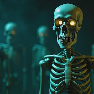 May include: A group of human skeleton figures with glowing yellow eyes against a dark, teal-colored background. The skeletons are in various poses, with the closest one in sharp focus. The image has a spooky, Halloween theme.