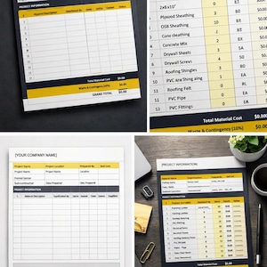 May include: A digital construction project estimate template featuring a white and dark blue layout with yellow headers. The document includes fields for project information, material descriptions, quantities, unit costs, and a grand total calculation.