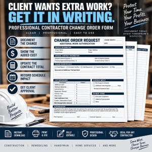 May include: A professional contractor change order form document with sections for project information, contract details, cost breakdown, schedule impact, and client authorisation. The white paper features dark blue text and lines, presented alongside a white hard hat.