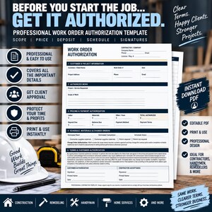 Könnte beinhalten: Eine professionelle Arbeitsauftrag-Autorisierungsvorlage mit Abschnitten für Kundeninformationen, autorisierte Arbeiten, Preisgestaltung, Zahlung, Zeitplan und Unterschriften. Das Formular enthält Felder für Auftragnehmerdetails und Projektumfang.
