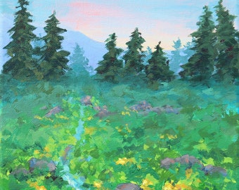Hillside Stream Original Colorful Small Acrylic Landscape Painting