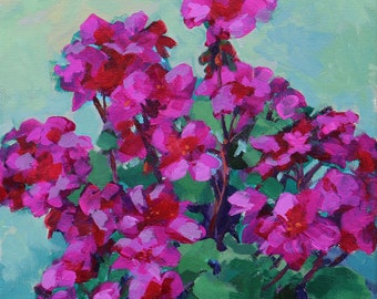 Pink Geraniums Original Colorful Small Acrylic Floral Painting