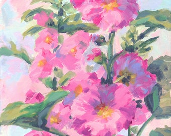 Hollyhocks I Original Colorful Small Acrylic Floral Painting