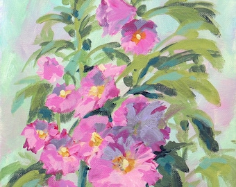 Hollyhocks II Original Colorful Small Acrylic Floral Painting