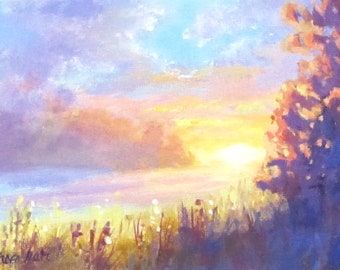 Sunset - small softly colored vibrant sunset painting