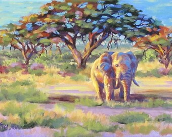 Golden - Small Original Colorful Elephant Painting
