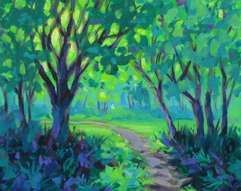 Little Morning Walk - Small Colorful Forest Walk Painting