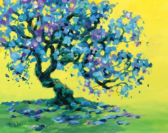 Blue Tree Original Colorful Small Acrylic Landscape Painting