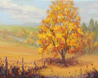 Golden Fall - small autumn rural landscape with clouds and river
