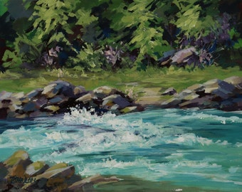 Summer River Original Colorful Small Acrylic Landscape Painting