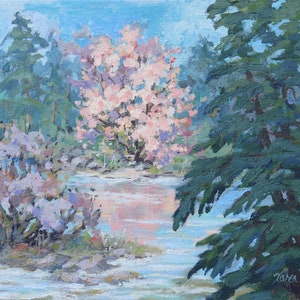 Spring Dreams- Original Spring trees and river natural acrylic painting
