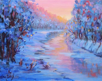 Bright Winter Morning - Original colorful Snowy River Sunrise landscape painting