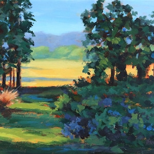 May include: A painting of a landscape with a field of yellow grass in the background. There are trees on either side of the field, and the sky is blue. The painting is done in a style that is reminiscent of impressionism.