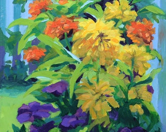 Garden Corner Original Colorful Small Acrylic Floral Painting