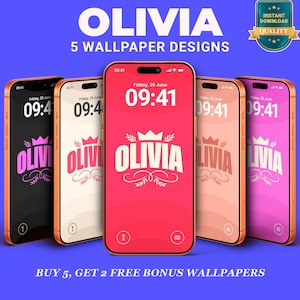 May include: Five smartphones display digital wallpaper designs featuring the name OLIVIA in a stylized font with a crown icon. The screens show a time of 09:41 and the date Friday, 29 June. The background colors include black, cream, red, peach, and pink.
