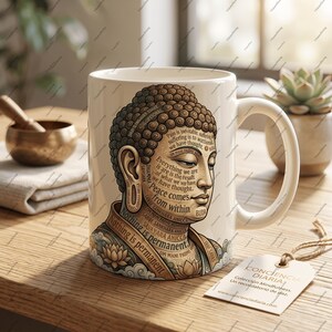 May include: A white ceramic mug featuring a brown graphic illustration of a Buddha head composed of text, including the phrases "Peace comes from within" and "Nothing is permanent." The design incorporates lotus flowers and cloud motifs.