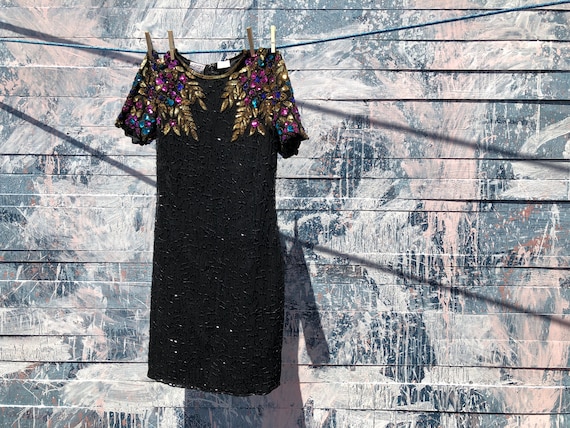 Colorful Floral Beaded Dress - Vintage
