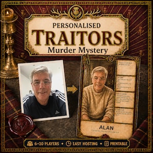 Peut inclure: Un jeu de mystère et de meurtre personnalisé intitulé Traitors comprenant une carte de personnage pour Alan avec une photo, des détails textuels et un sceau de cire. Le jeu inclut un bougeoir, un fond en tissu écossais et des informations pour 6-20 joueurs.