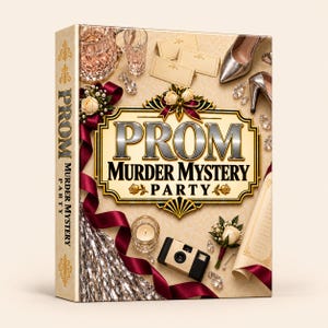 Może przedstawiać: Pudełko gry Prom Murder Mystery Party z kremową okładką i tytułem w srebrnym i czarnym kolorze. Projekt zawiera ilustracje srebrnych szpilek, aparatu jednorazowego, świecy, kwiatowych kotylionów oraz bordowych wstążek.