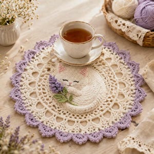 May include: A round, cream-colored crochet doily featuring a central three-dimensional sleeping cat with pink ears, holding a small purple lavender sprig with green leaves. The doily has an intricate lace pattern and a scalloped light purple border.