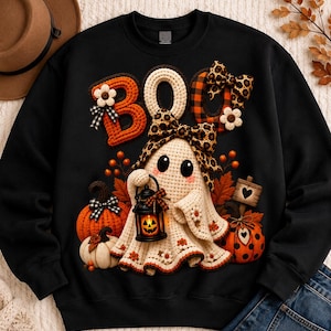 Peut inclure: Un sweat-shirt noir à manches longues orné d'un grand motif représentant un fantôme au style crochet tenant une lanterne. Le mot BOO est imprimé au-dessus en lettres texturées orange et crème. Le design inclut des citrouilles et des nœuds léopard.