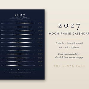 Pode incluir: Uma impressão de calendário lunar de 2027 com fundo azul escuro e ícones de fases da lua em branco para cada mês. O texto inclui 2027 Moon Phase Calendar, Printable, Instant Download, A4, A5, US Letter e The Lunar Page.