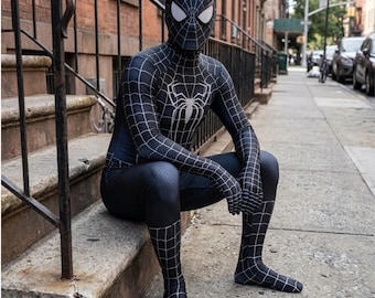 Black Spider-Man Costume for Men – Symbiote Spider Suit, Adult Black Superhero Cosplay, Full Mask Halloween Bodysuit