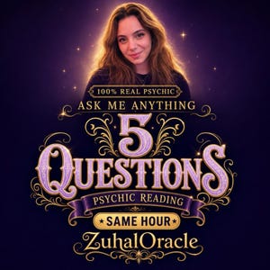 May include: A digital graphic featuring a person with long brown hair above ornate gold and purple text that reads 100% REAL PSYCHIC ASK ME ANYTHING 5 QUESTIONS PSYCHIC READING SAME HOUR ZuhalOracle against a dark purple background with small stars.