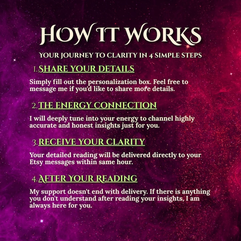 Pode incluir: Um gr&aacute;fico informativo com tema de nebulosa roxa e magenta intitulado HOW IT WORKS, YOUR JOURNEY TO CLARITY IN 4 SIMPLE STEPS. Lista quatro passos: 1. SHARE YOUR DETAILS, 2. THE ENERGY CONNECTION, 3. RECEIVE YOUR CLARITY e 4. AFTER YOUR READING.