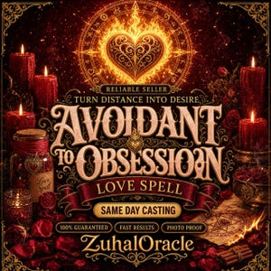 May include: A dark red and gold graphic design featuring a flaming heart, multiple lit red candles, and a glass jar labeled Love Spell. The text reads AVOIDANT TO OBSESSION LOVE SPELL, RELIABLE SELLER, SAME DAY CASTING, 100% GUARANTEED, FAST RESULTS, PHOTO PROOF, and ZuhalOracle.