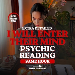 以下が含まれることがあります： 「REAL READER NO AI」「EXTRA DETAILED」「I WILL ENTER THEIR MIND」「PSYCHIC READING」「SAME HOUR」「SWIPE FOR MORE」というテキストが記載されたサイキックリーディングサービスの広告。画像には、ダークストライプのシャツを着た黒髪の人物が写っています。