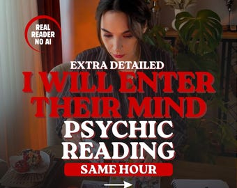 Pode incluir: Um anúncio de serviço de leitura psíquica com o texto: REAL READER NO AI, EXTRA DETAILED, I WILL ENTER THEIR MIND, PSYCHIC READING, SAME HOUR e SWIPE FOR MORE. A imagem mostra uma pessoa de cabelos escuros vestindo uma camisa listrada escura.