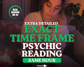 Pode incluir: Um anúncio de serviço de leitura psíquica com o texto: REAL READER NO AI, EXTRA DETAILED EXACT TIME FRAME PSYCHIC READING, SAME HOUR e SWIPE FOR MORE. A imagem mostra uma pessoa olhando para baixo para uma mesa com cartas e um caderno.