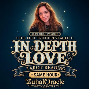 Może przedstawiać: Cyfrowa grafika przedstawiająca osobę z długimi brązowymi włosami nad tekstem 100% REAL PSYCHIC THE FULL TRUTH REVEALED IN DEPTH LOVE TAROT READING SAME HOUR ZuhalOracle, na ciemnoniebieskim tle z małymi świecącymi gwiazdkami.