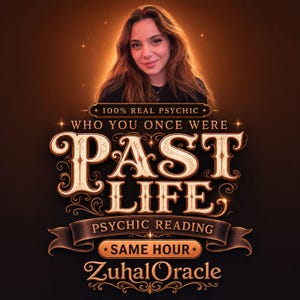 以下が含まれることがあります： 長い茶色の髪の人物と、100% REAL PSYCHIC WHO YOU ONCE WERE PAST LIFE PSYCHIC READING SAME HOUR ZuhalOracleと書かれた装飾的な金色のテキストが、光の効果がある暗い茶色の背景に配置されたデジタルグラフィック。