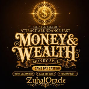May include: A gold-toned graphic design on a dark background featuring the text "RELIABLE SELLER", "ATTRACT ABUNDANCE FAST", "MONEY & WEALTH", "MONEY SPELL", "SAME DAY CASTING", "100% GUARANTEED", "FAST RESULTS", "PHOTO PROOF", and "ZuhalOracle".