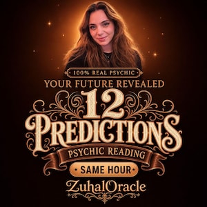 Puede incluir: Un gráfico digital que muestra a una persona con cabello largo castaño sobre un texto dorado ornamentado que dice 100% REAL PSYCHIC, YOUR FUTURE REVEALED, 12 PREDICTIONS, PSYCHIC READING, SAME HOUR y ZuhalOracle sobre un fondo marrón oscuro con destellos.
