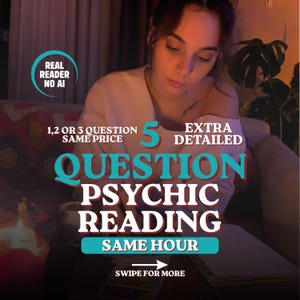 May include: A digital graphic advertisement for a psychic reading service featuring text that reads: REAL READER NO AI, 1, 2 OR 3 QUESTION SAME PRICE, 5 EXTRA DETAILED QUESTION PSYCHIC READING, SAME HOUR, and SWIPE FOR MORE with a white arrow icon.